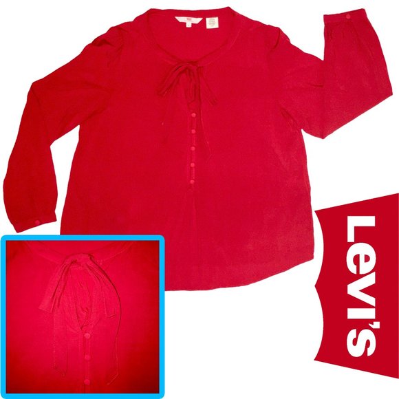 Vintage Inspired Red Blouse with Tie and Buttons, 3/4 Puffed Sleeve Levi's Small - Picture 2 of 15